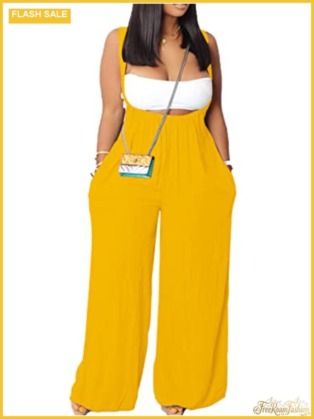 Sleeveless Wide Leg Jumpsuit Romper with Pockets and Tube Top, Polyester Spandex